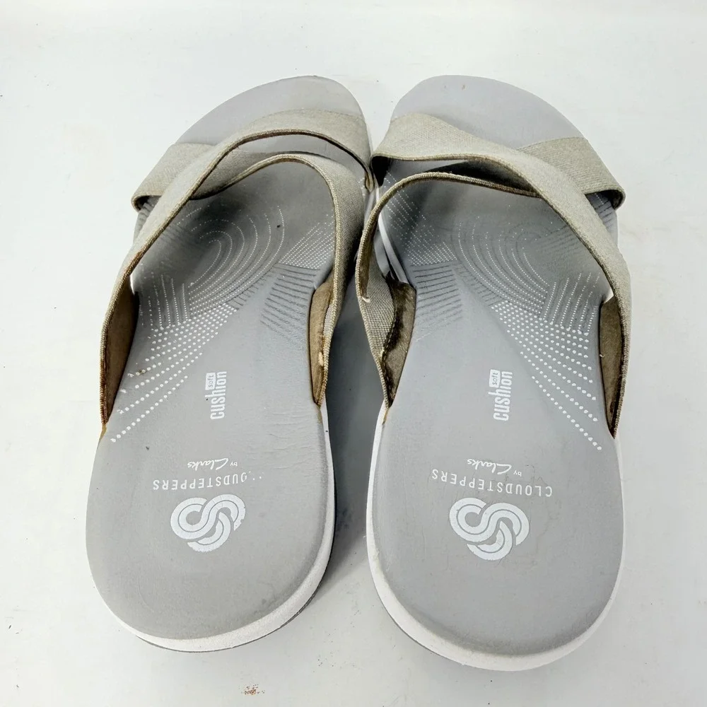 Clarks Cloudsteppers Arla Glison Women 8 M Taupe Metallic Elastic Slide Sandals
